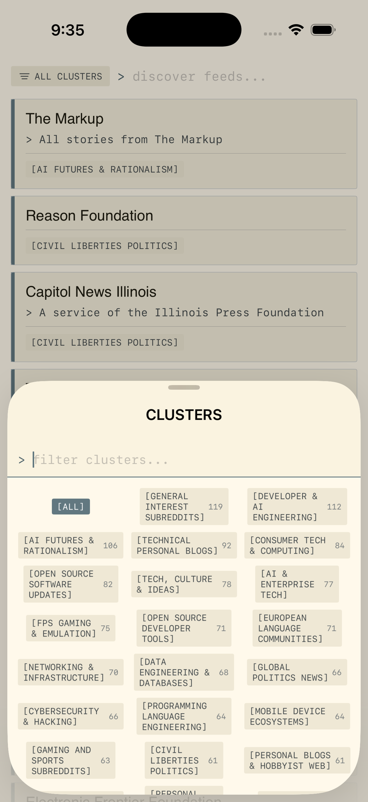 feedctl Latte light theme showing the discover view with feed clusters