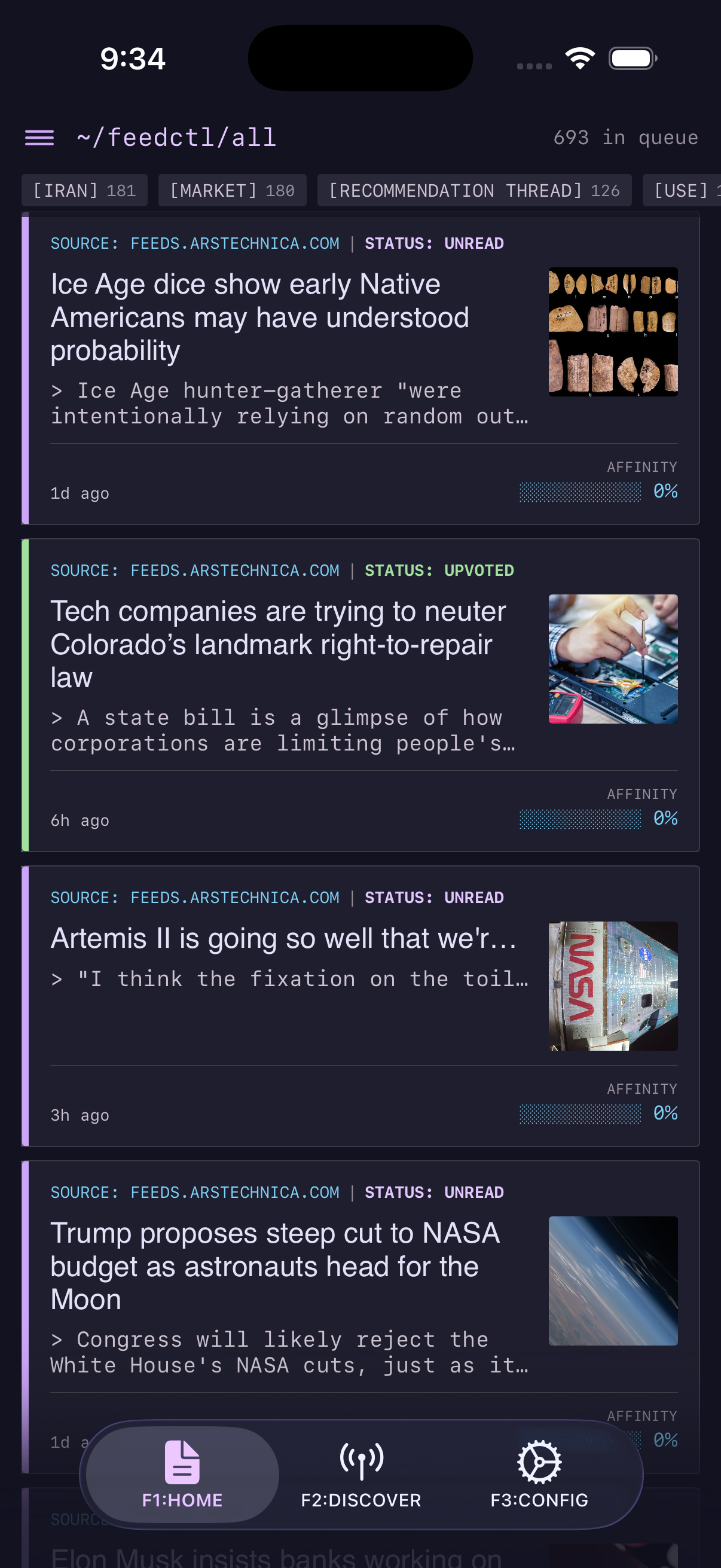 feedctl app showing the intelligent article feed with Catppuccin Mocha dark theme, affinity scores, and category tags