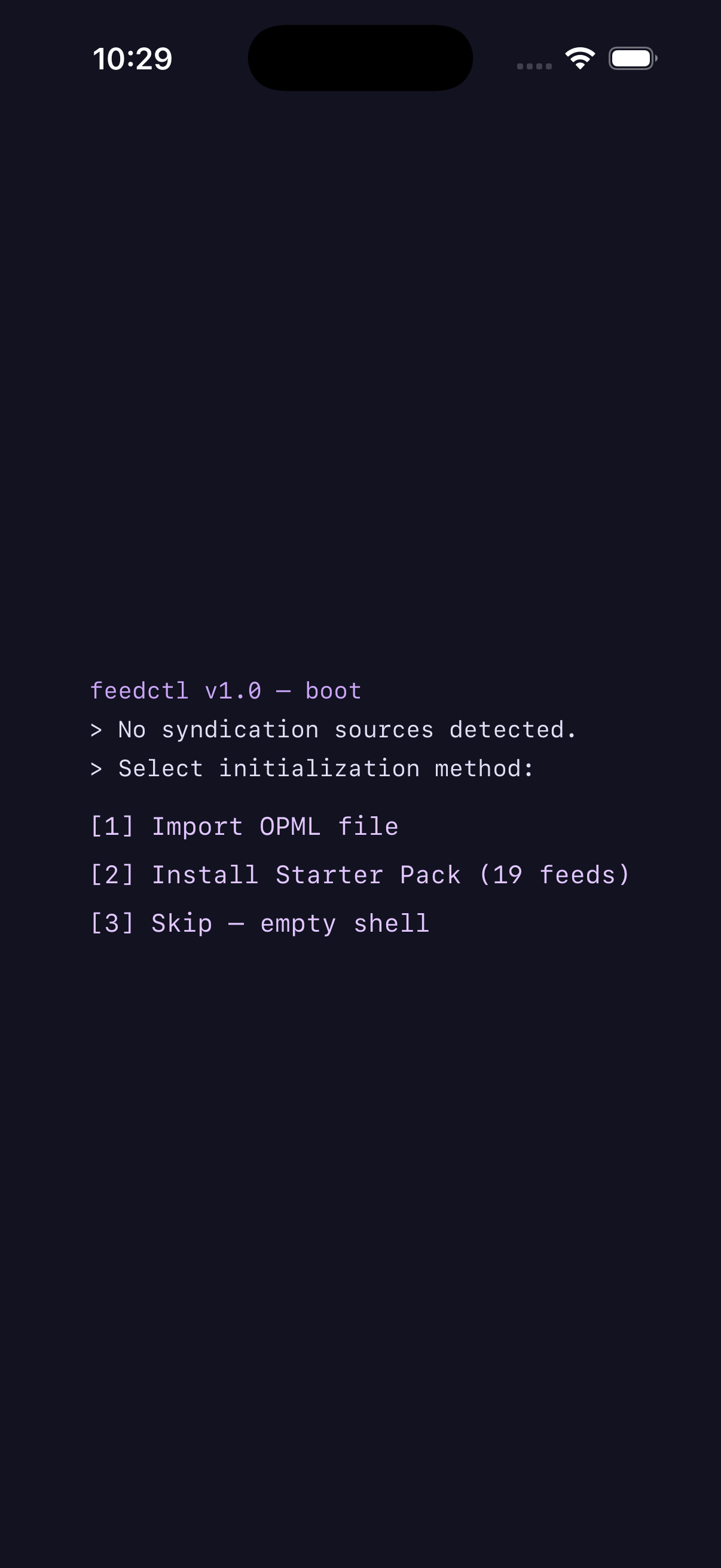 feedctl boot sequence showing the terminal-style initialization screen