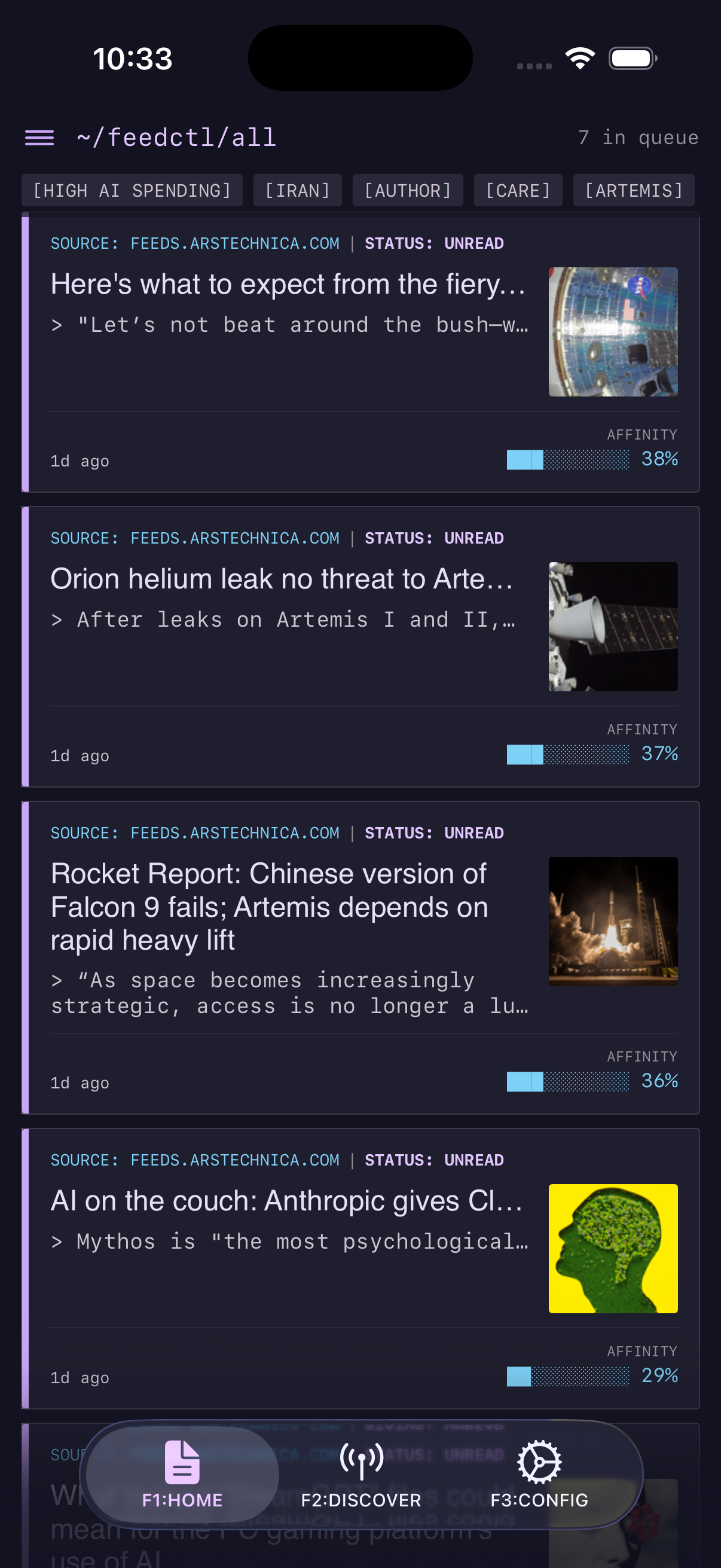 feedctl article queue showing affinity scores next to each article title