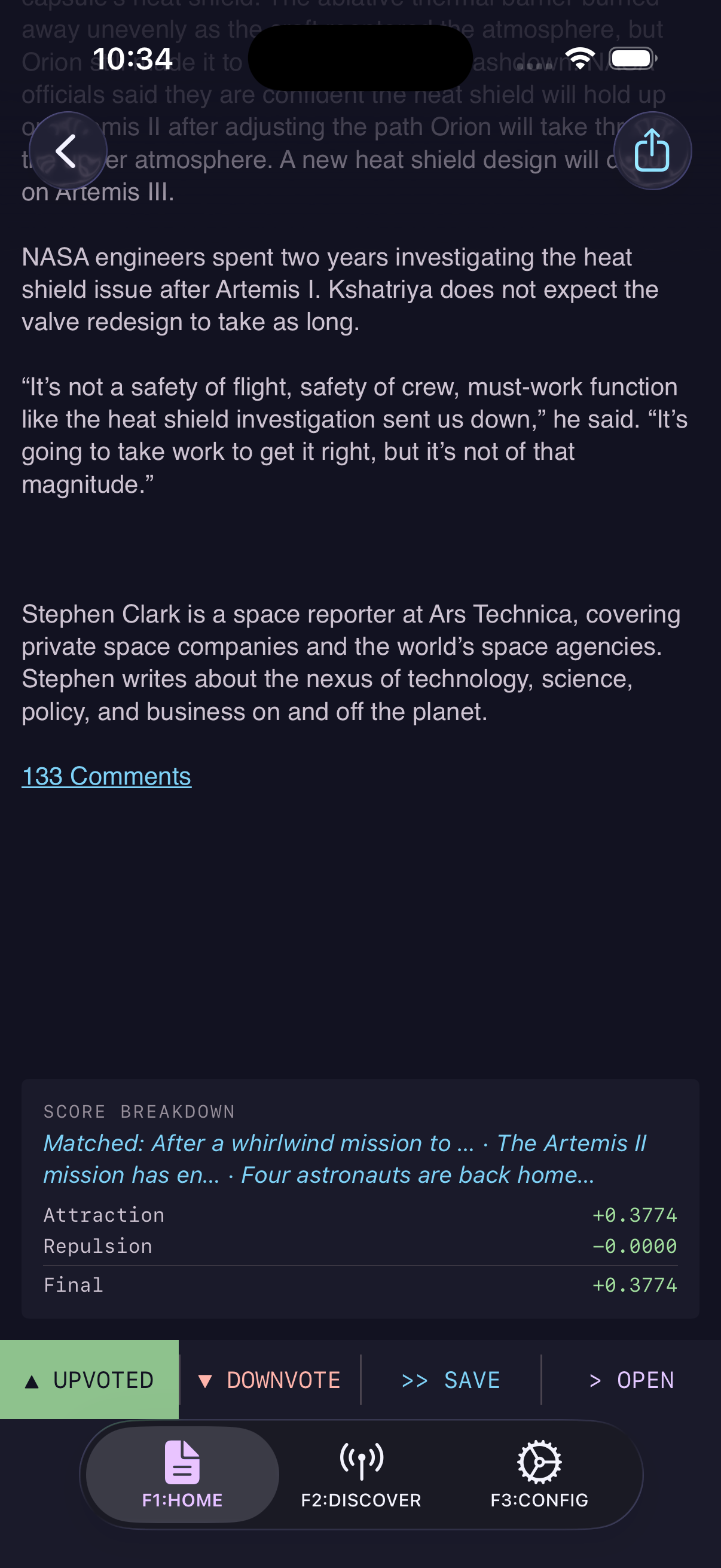 feedctl article detail view showing the upvote and downvote buttons lit up